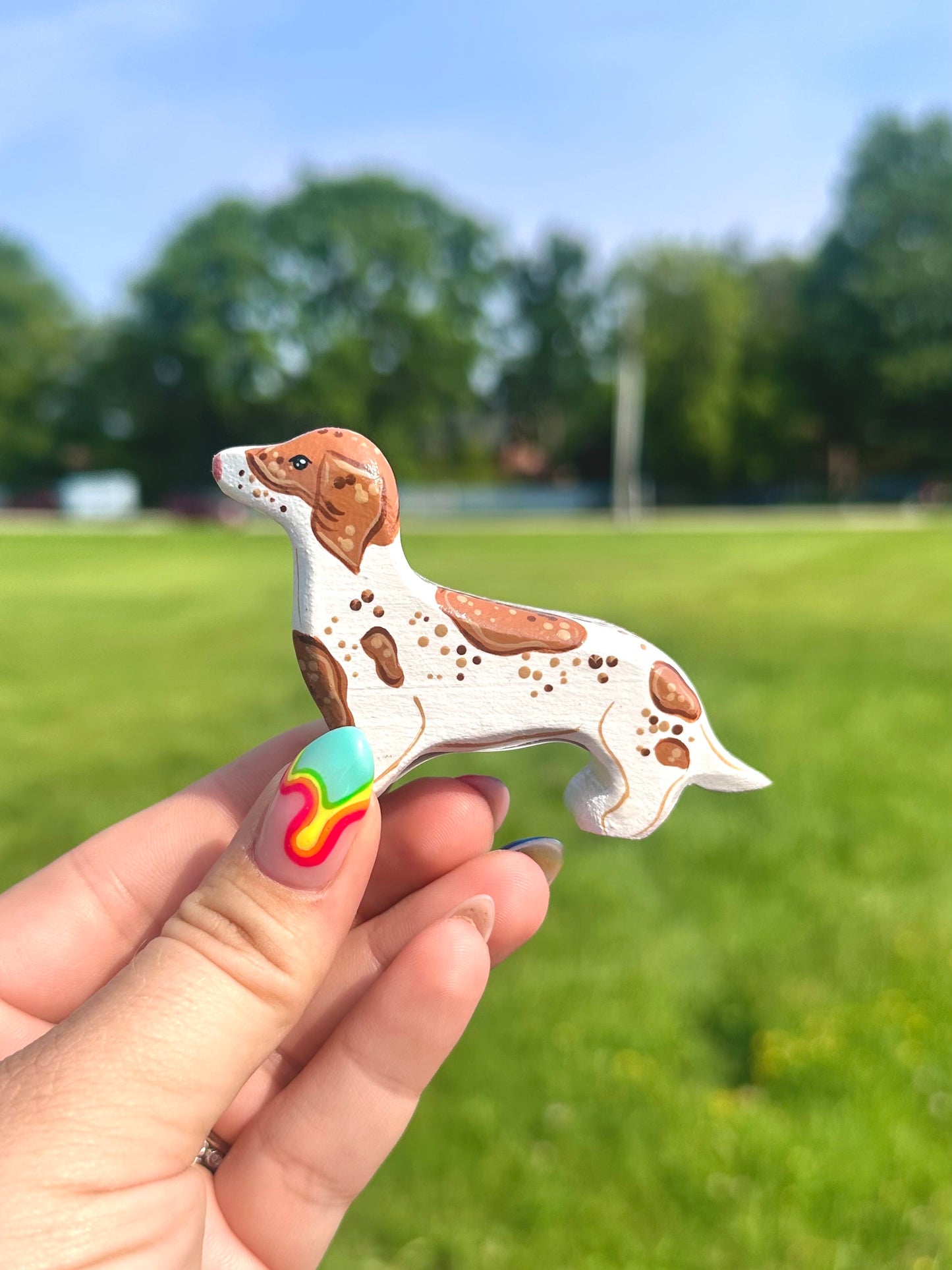 Hand Painted Wooden Dachshund-Red & White Piebald