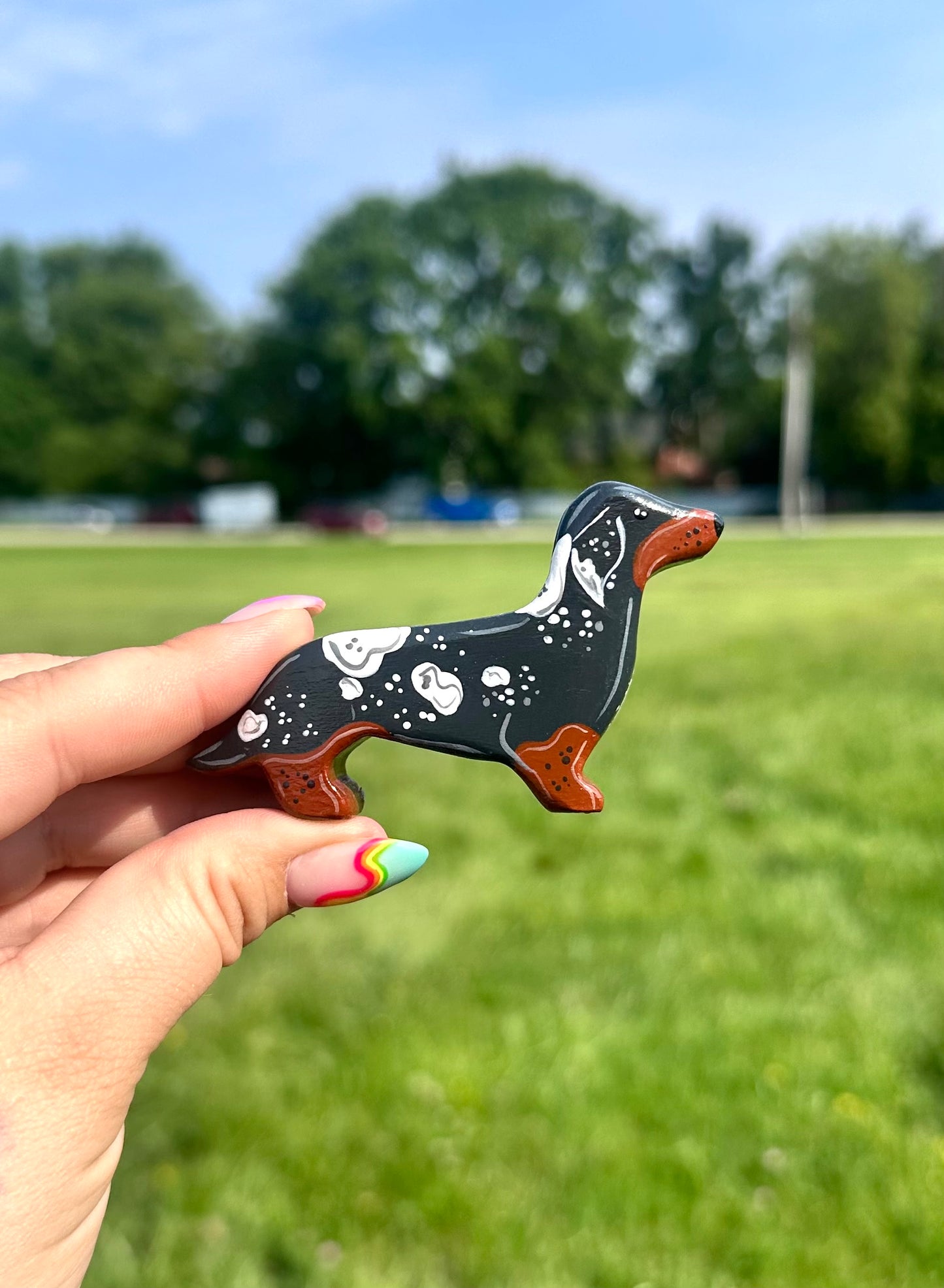 Hand Painted Wooden Dachshund-Black & White Dapple