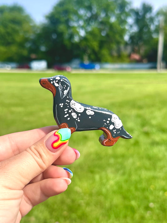 Hand Painted Wooden Dachshund-Black & White Dapple