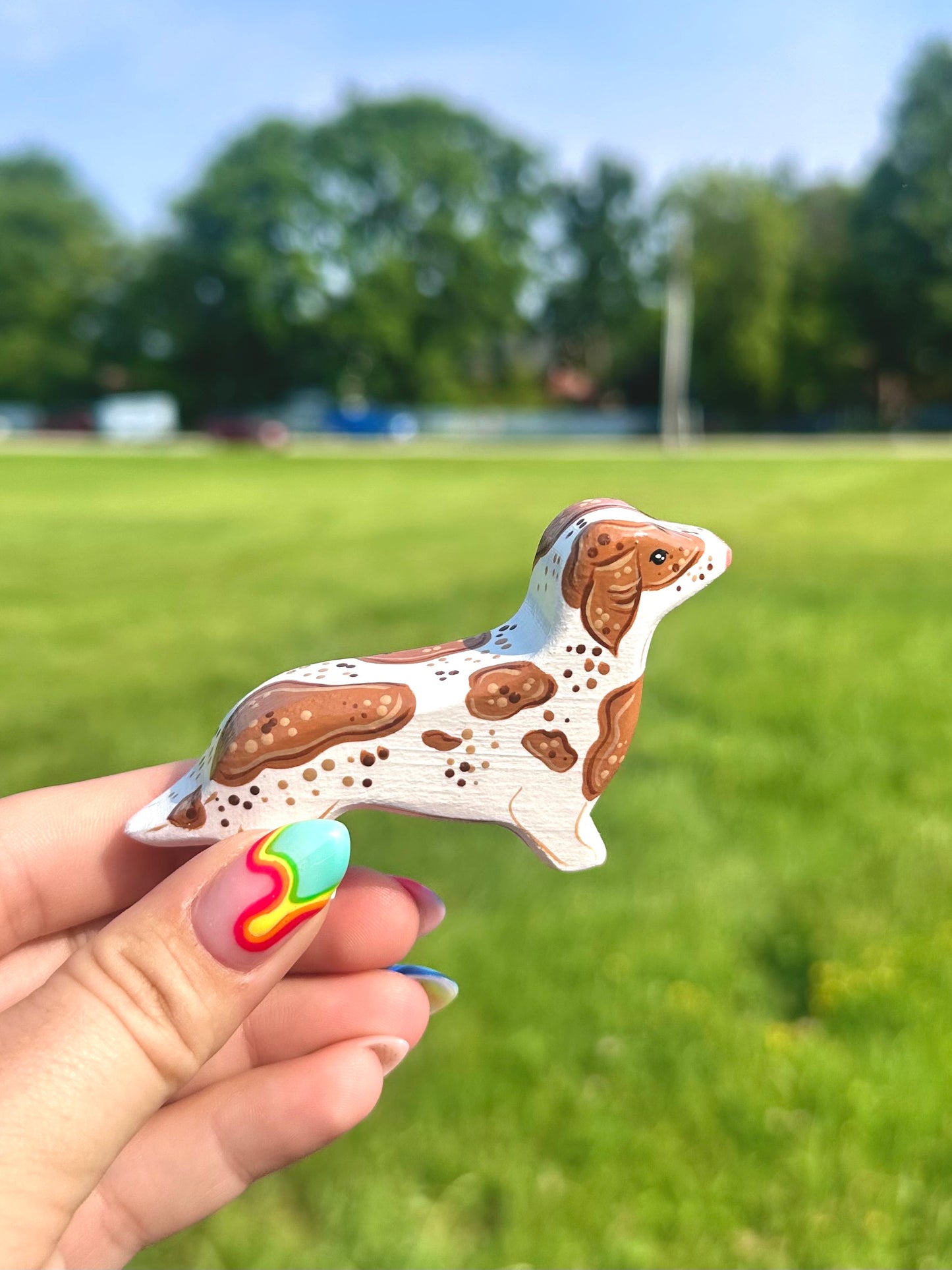 Hand Painted Wooden Dachshund-Red & White Piebald