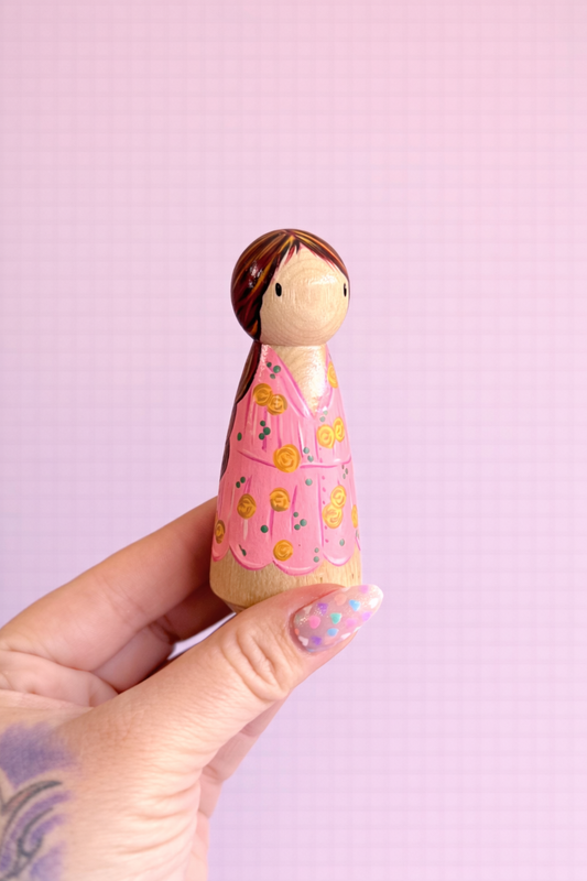 Pink Floral Dress Peg Doll