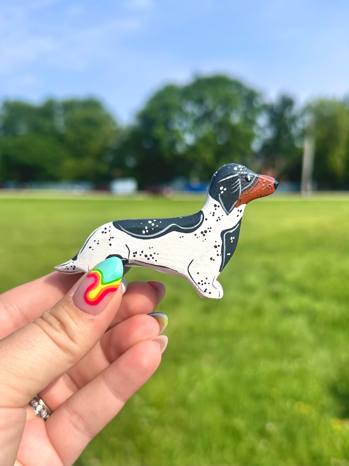 Hand Painted Wooden Dachshund-Black & White Piebald