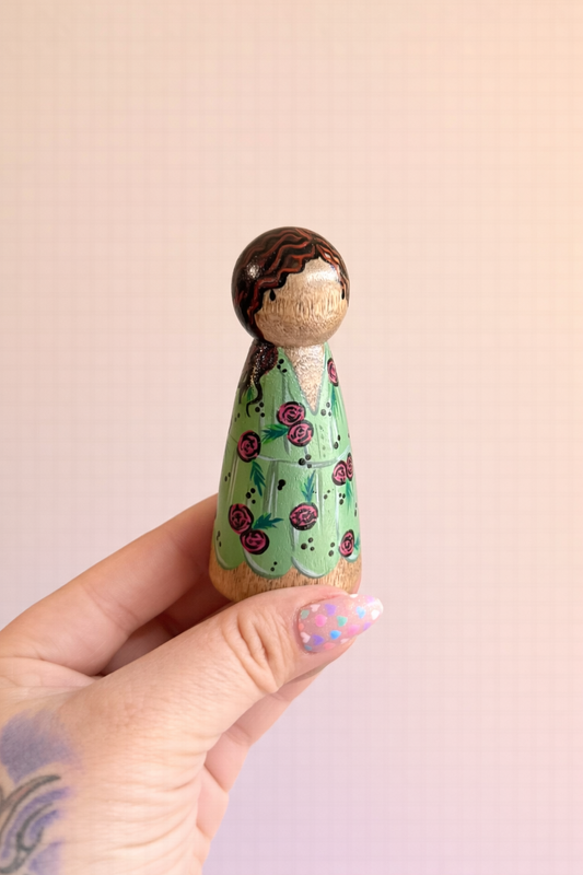 Green Floral Dress Peg Doll